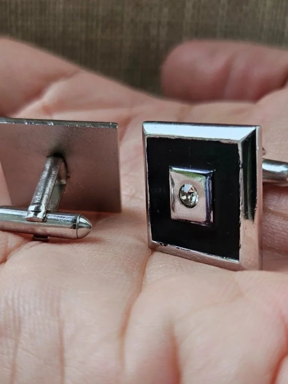 Vintage Swank Cufflinks Black/Silver Tone Metal Square Cuff Links Crystal Accent